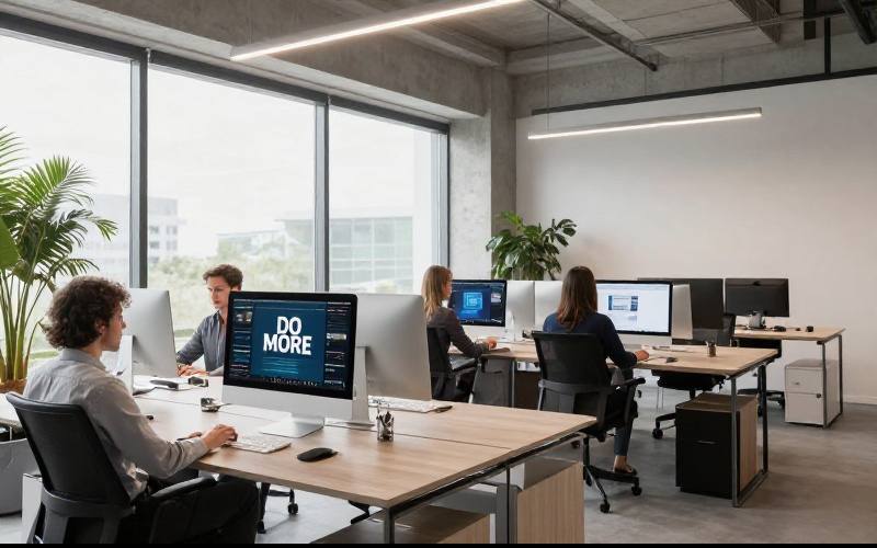 Modern workspace with an iMac displaying 'DO MORE'
